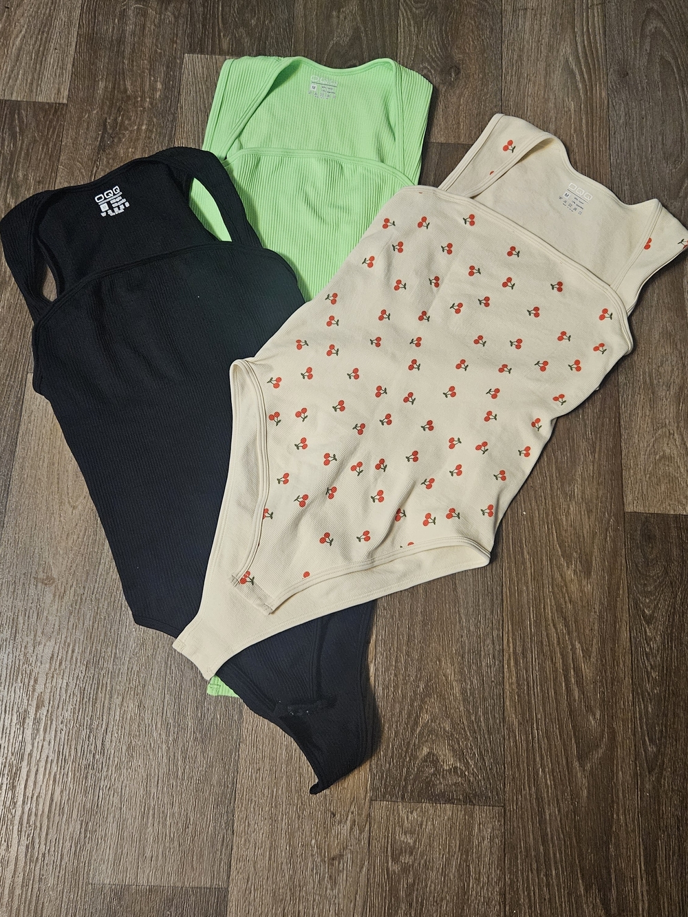 Ribbed Tank Bodysuit - Black, Lime Green, Cream Cherry Print